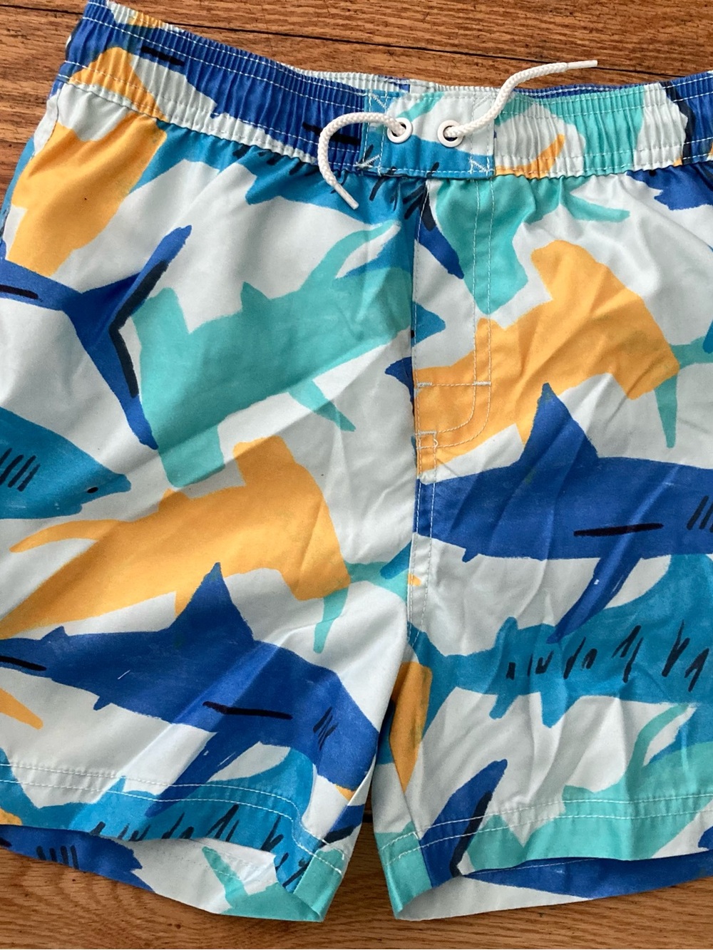 Tea Collection Blue Teal Yellow Shark Print Swim Trunks size 12